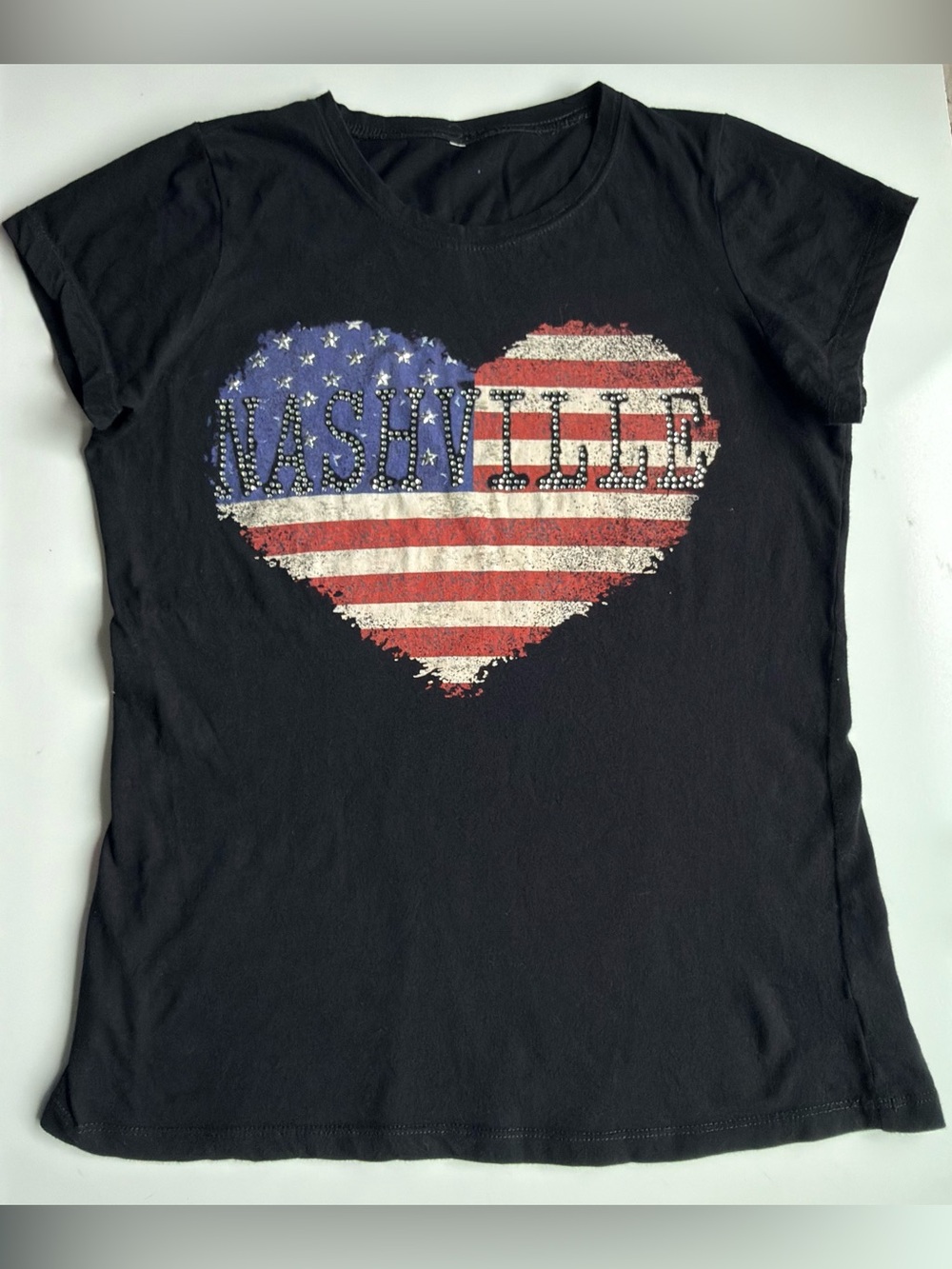Women’s Embellished Nashville T-shirt M American Flag Heart Rhinestone